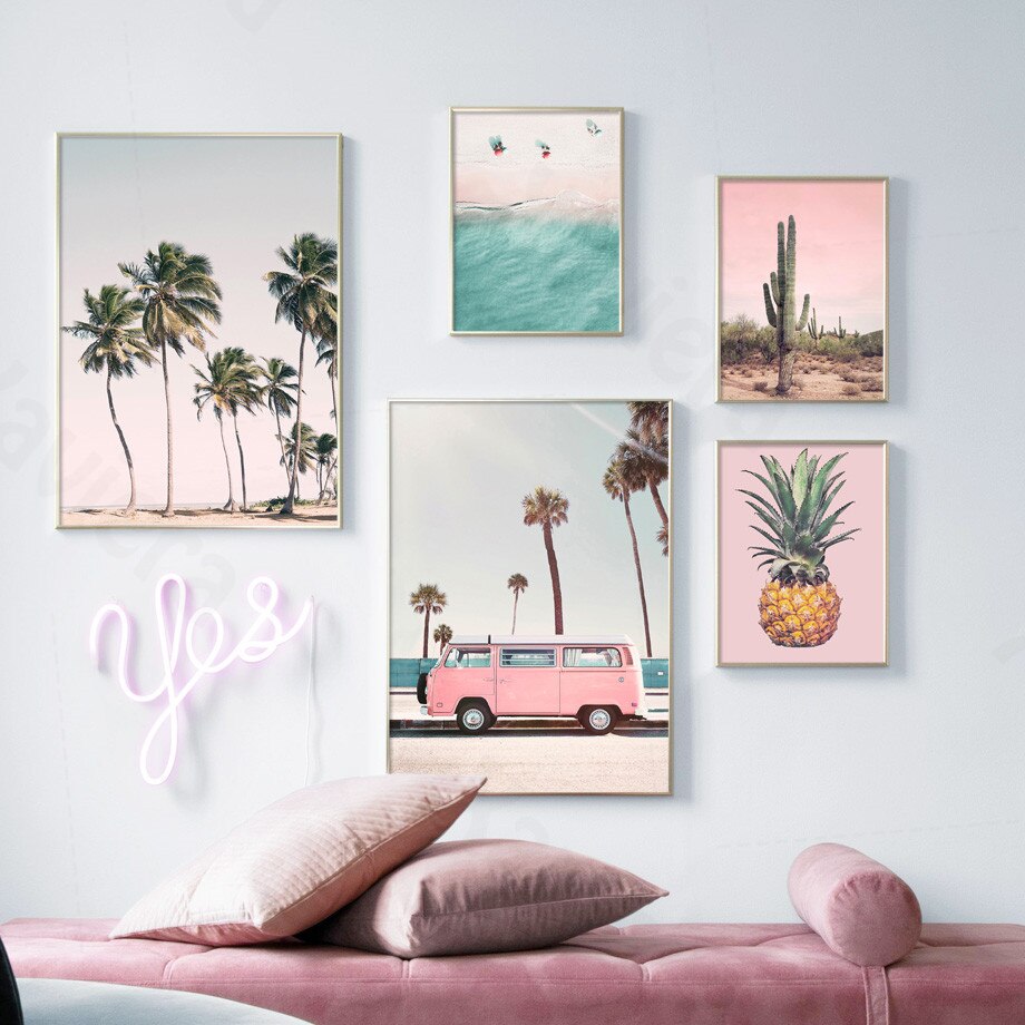 Pink Bus Cactus Pineapple Blue Sea Beach