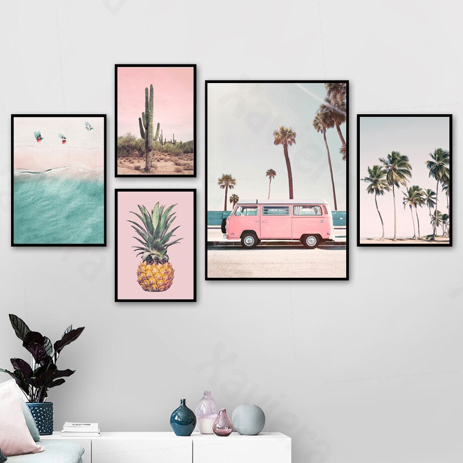 Pink Bus Cactus Pineapple Blue Sea Beach