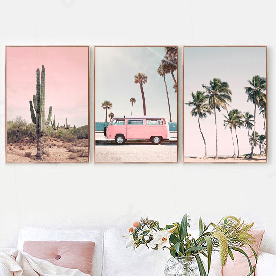 Pink Bus Cactus Pineapple Blue Sea Beach