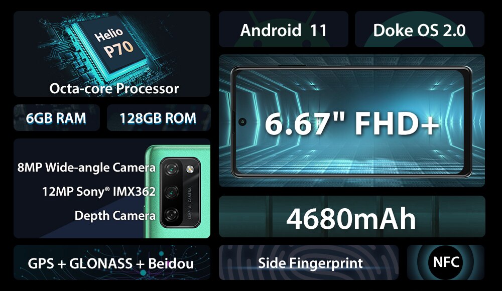 Blackview A100 Smartphone Helio P70 Octa Core 6GB+128GB 12MP HDR