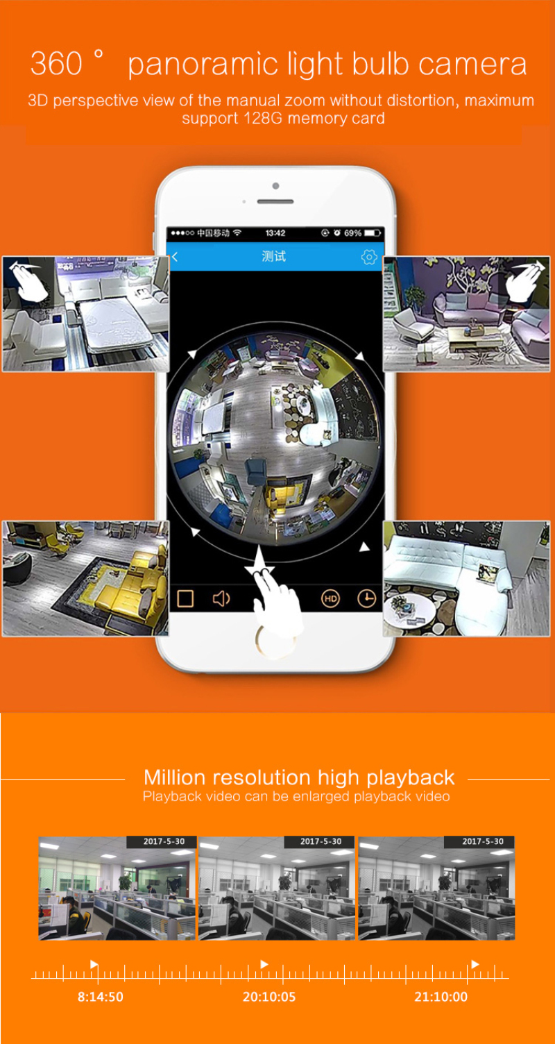 LED Light Camera 960P Wireless Panoramic Home