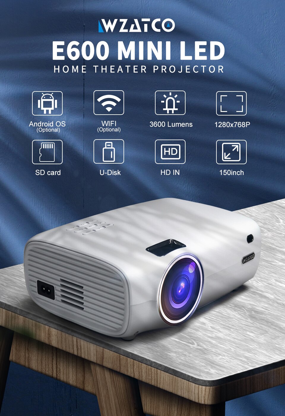 Projetor led wzatco e600 suporte ac3 1080p 4k vídeo Projetor led wzatco e600 suporte ac3 1080p 4k vídeo