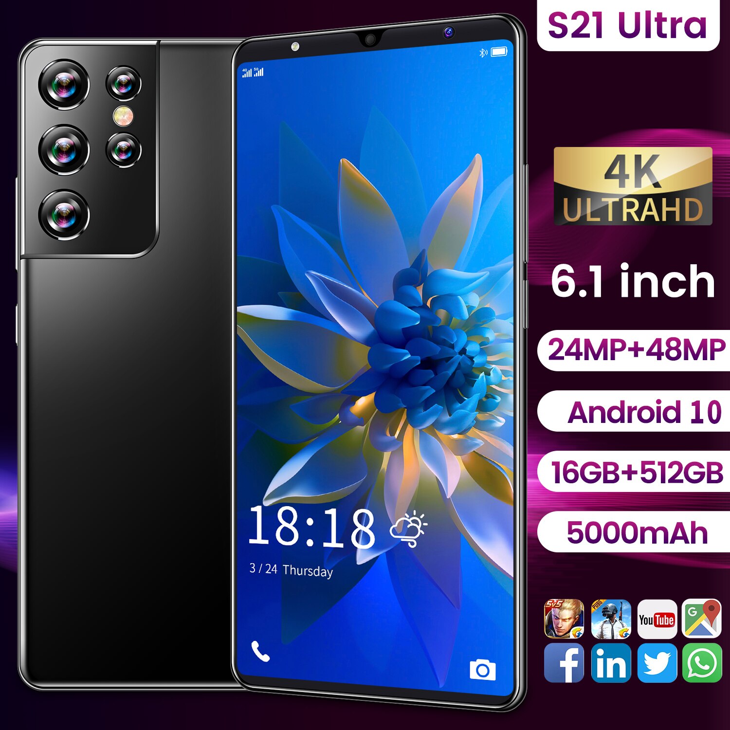 Téléphone S21 Ultra 2021 pouces 5G Android, smartphone, MT6889, 16 + 6.1 go, 512 mAh, longue durée de veille, 24 + 48MP, double SIM, nouveau, 5000