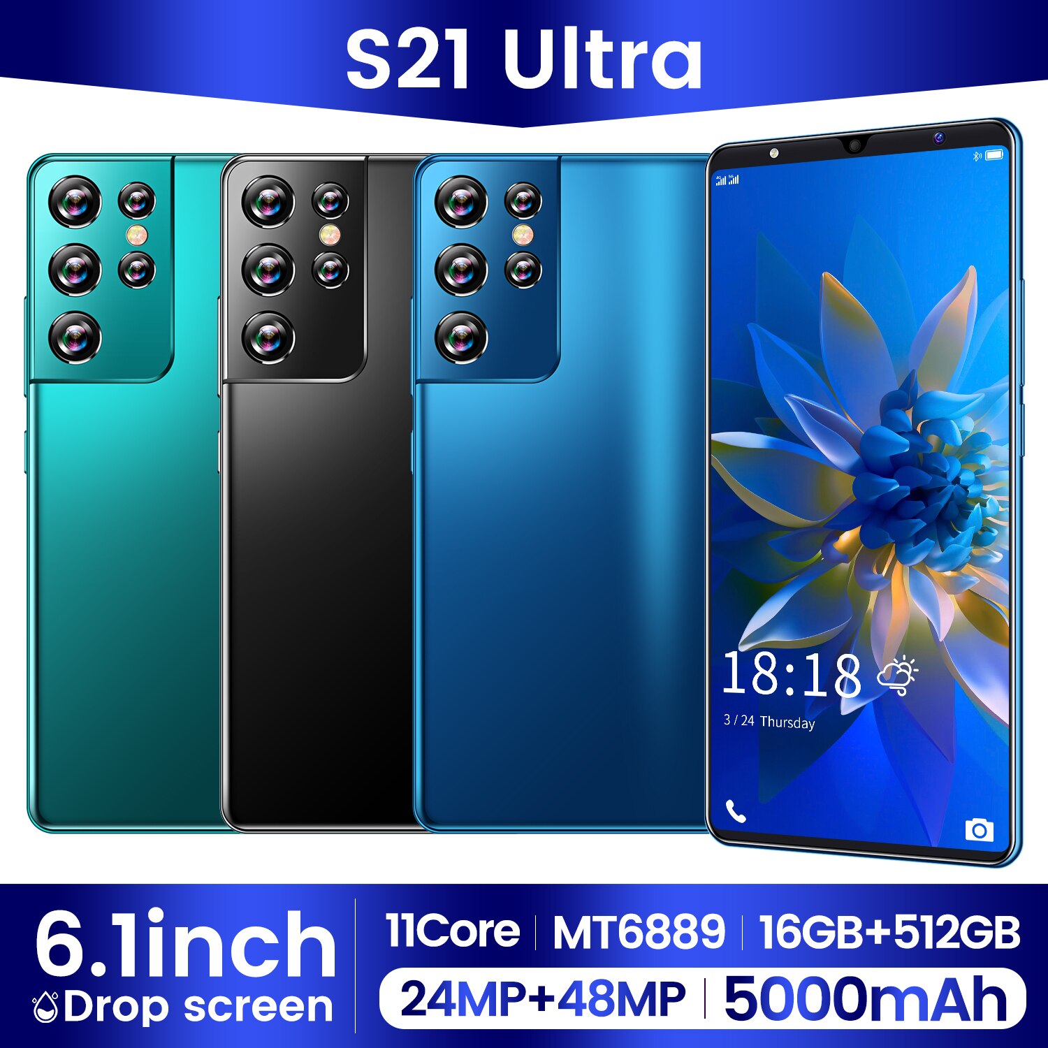 Téléphone S21 Ultra 2021 pouces 5G Android, smartphone, MT6889, 16 + 6.1 go, 512 mAh, longue durée de veille, 24 + 48MP, double SIM, nouveau, 5000